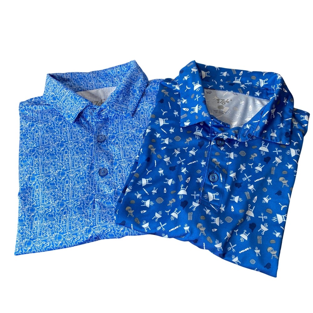 1764 Mens Golf Polo Shirts Lot of 2 Size S Blue Cocktail BBQ Novelty Prints 2pk